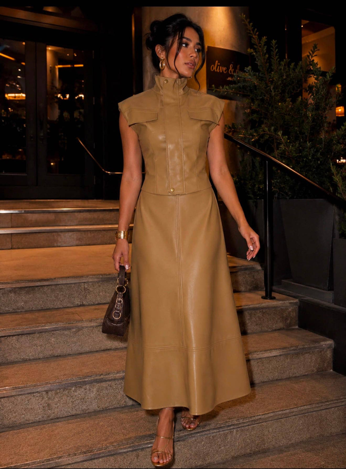 Faux Leather Utility Vest & Maxi Skirt Set