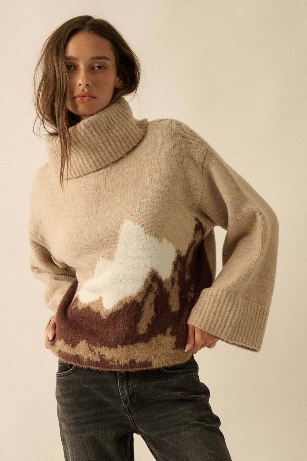 Mountains Fuzzy Jacquard-Knit Turtleneck Sweater