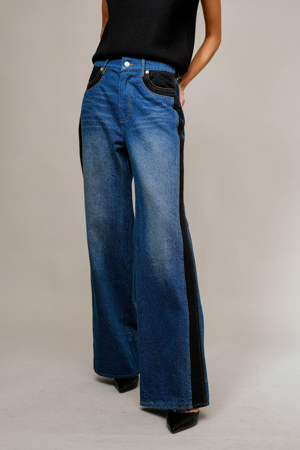 Two Tone Panel Wide Denim Jeans
