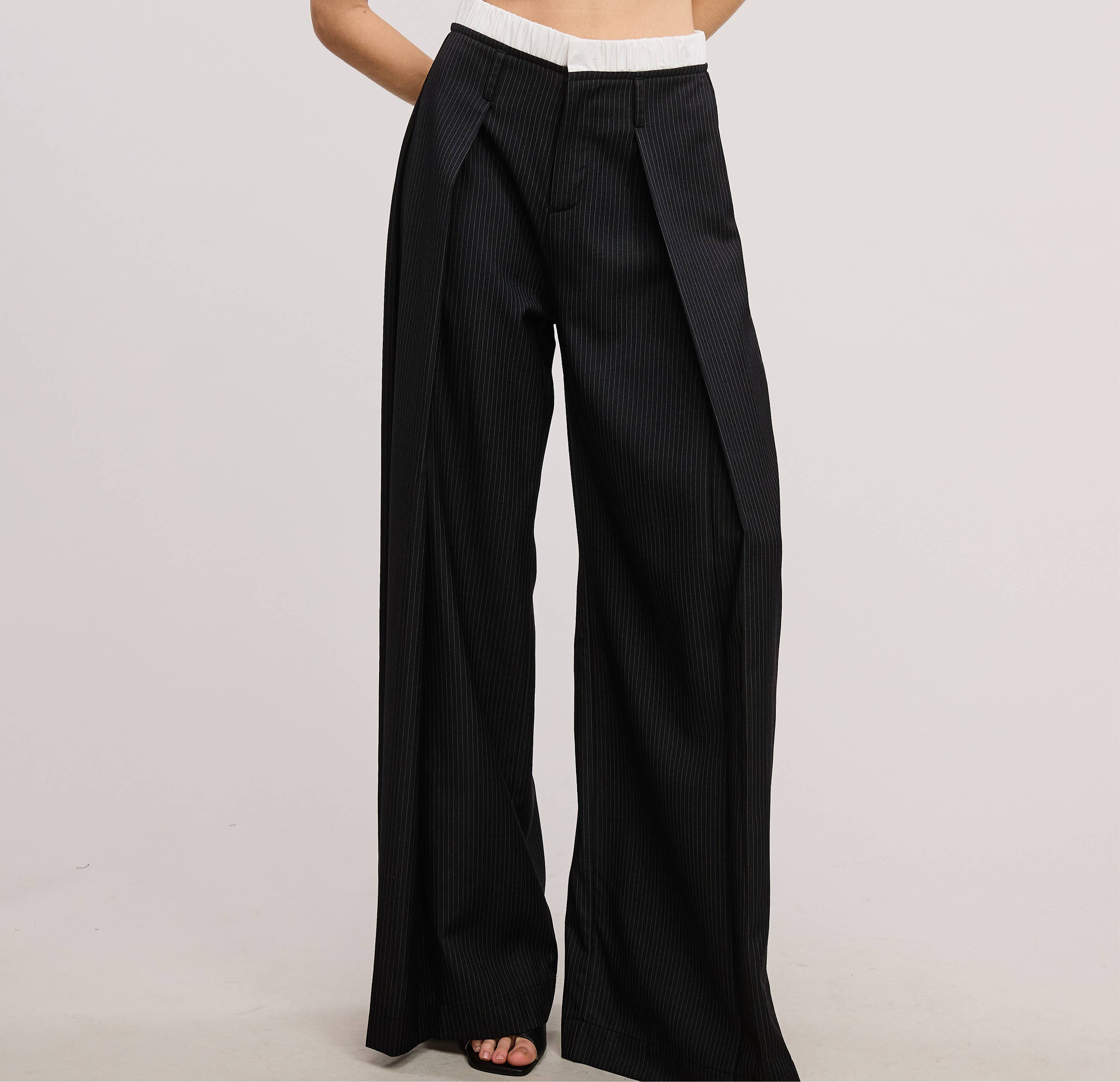 Pinstripe Wide Leg Pants with Contrast Waistband