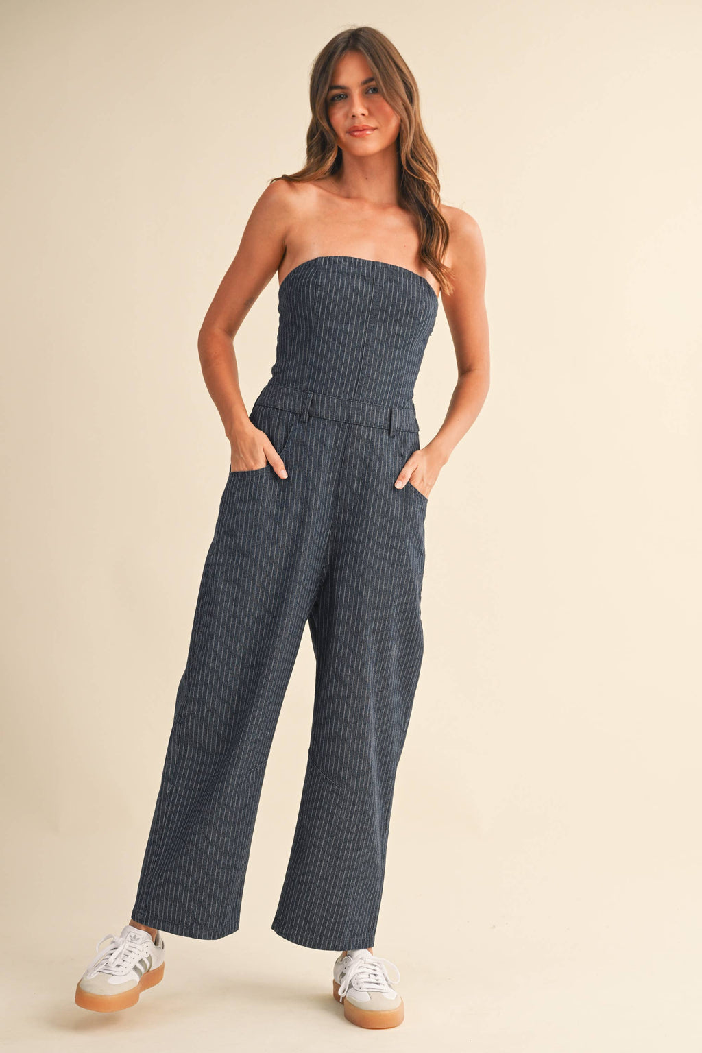 Pinstriped Strapless Barrel Pants Jumpsuit
