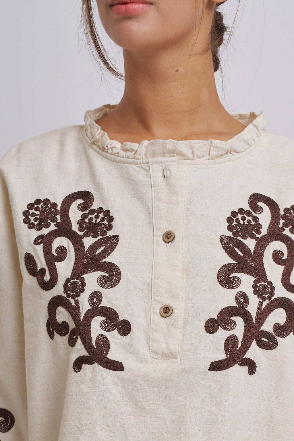 Embroidered Cotton Linen Blouse With Ruffle Collar