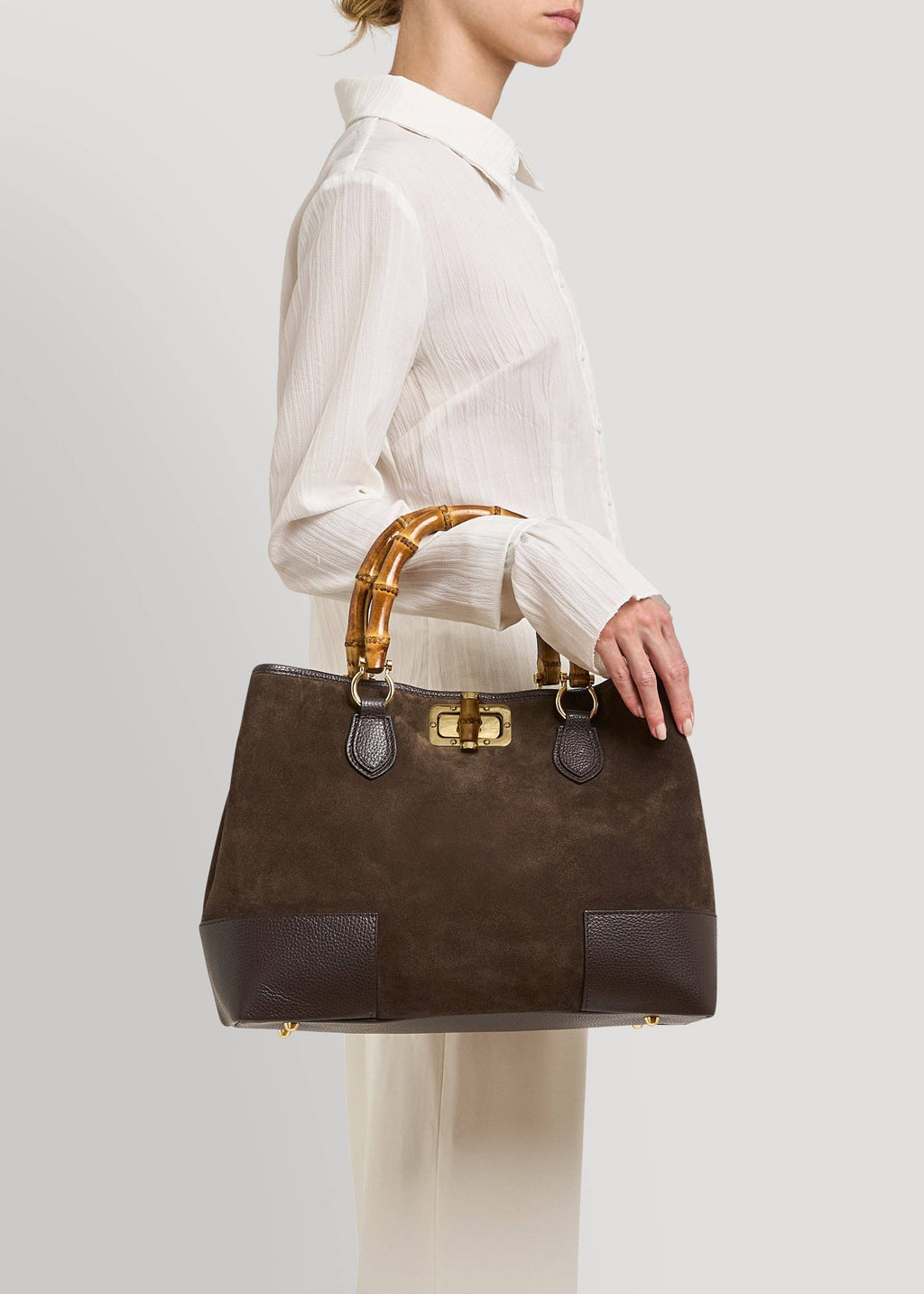 Bamboo Babe Bag in Dark Brown Suede and Leather