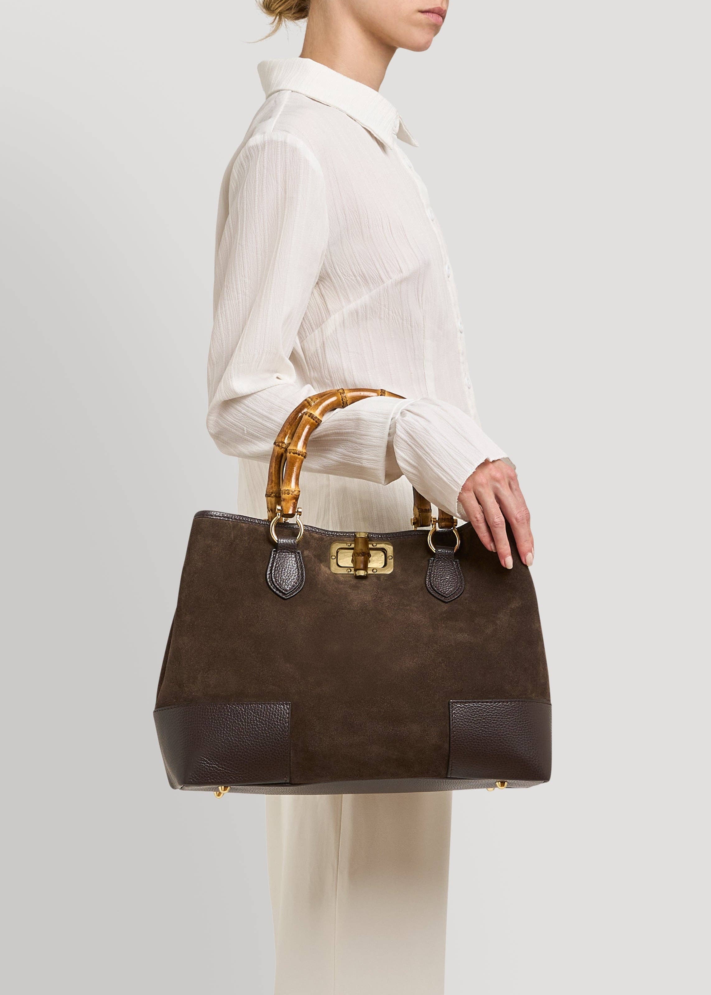 Bamboo Babe Bag in Dark Brown Suede and Leather