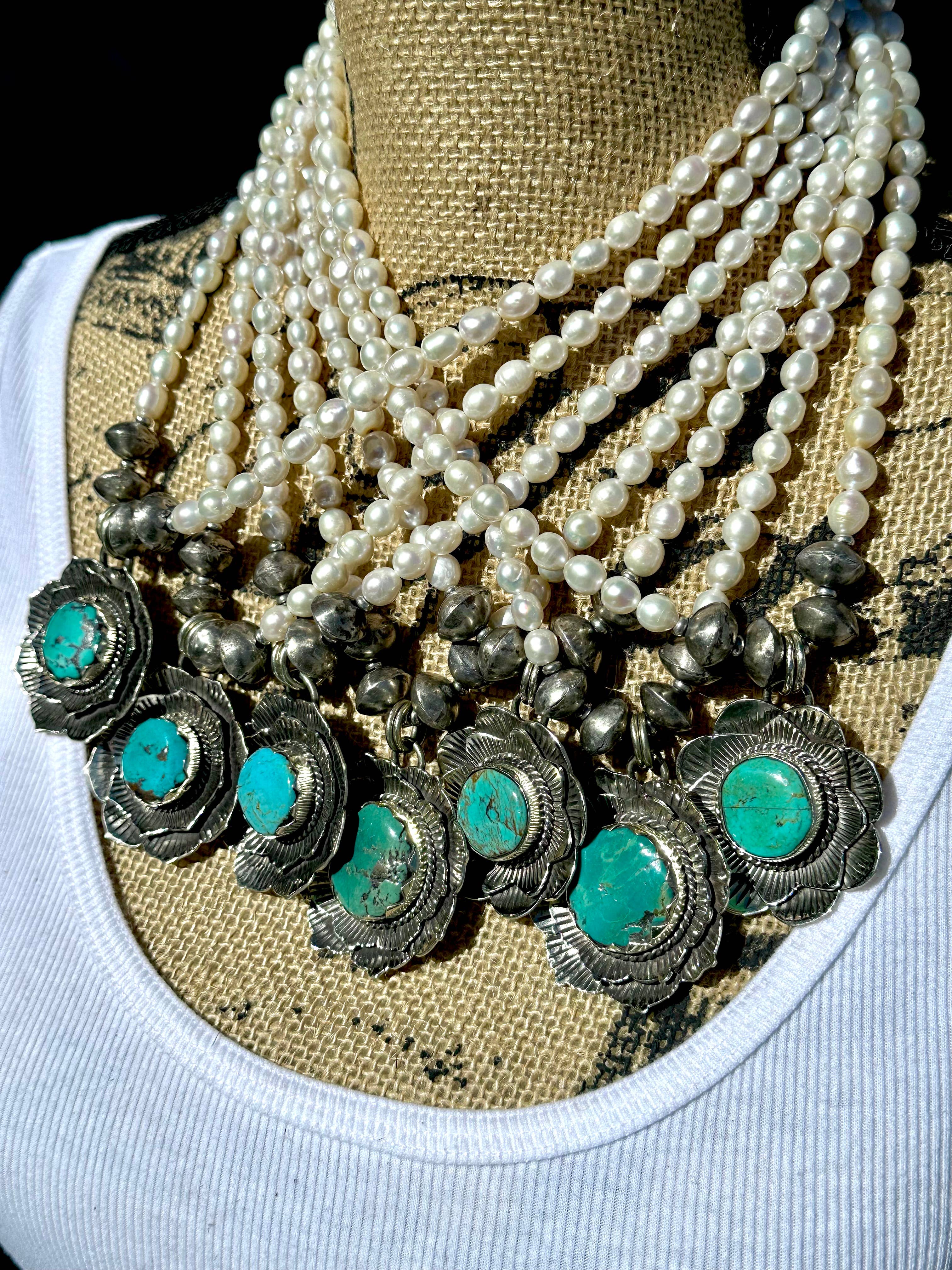 Turquoise and Pearl Blossom Necklace