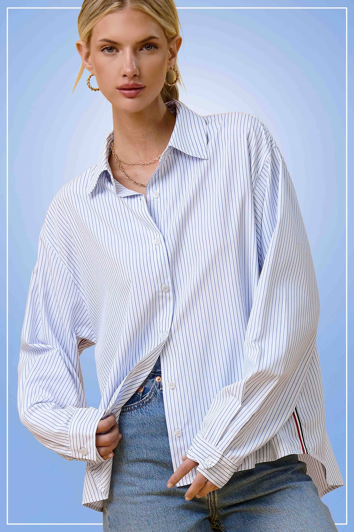 SRT7908-Stripe Button Down Shirt with Nautical Twill Tape