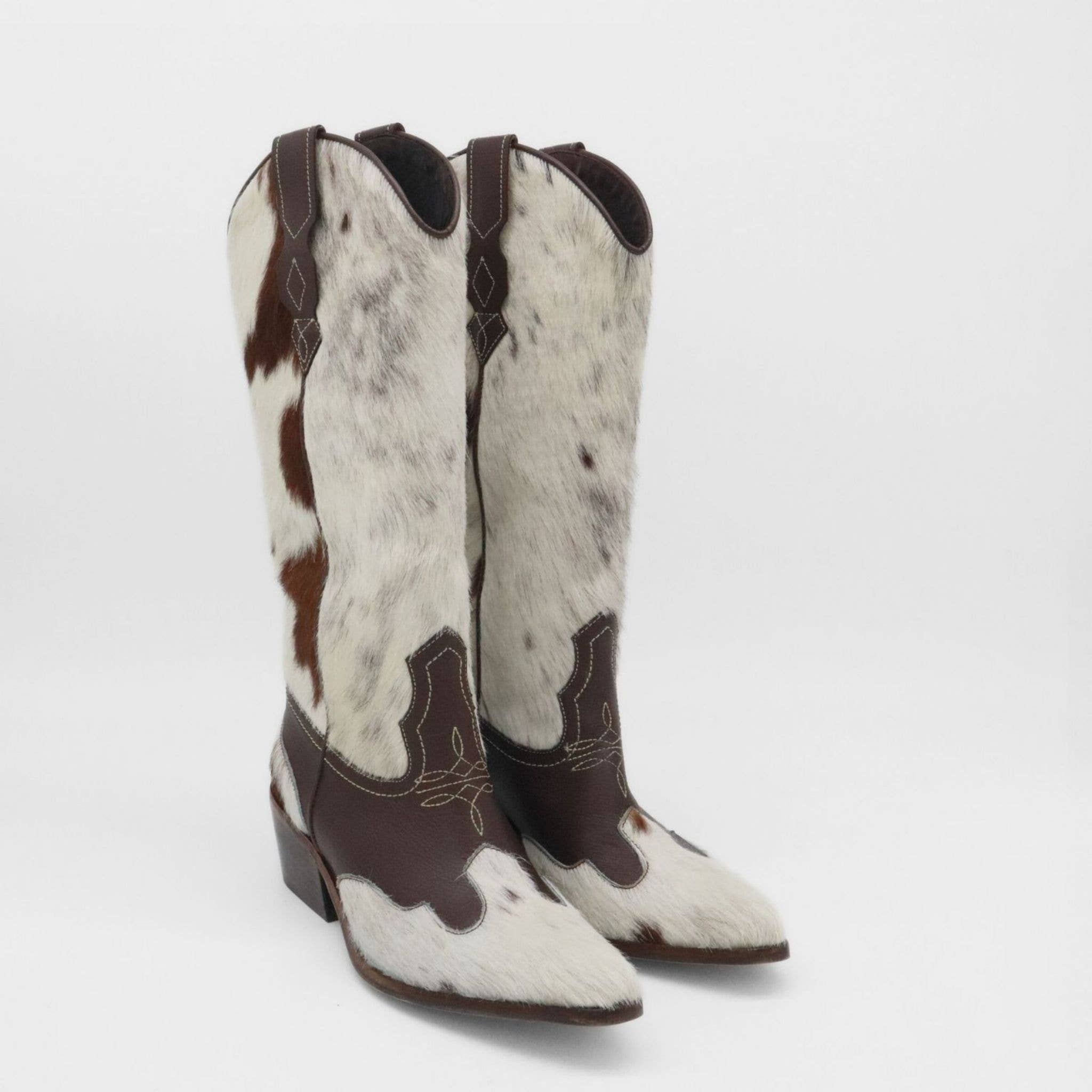 Nirvana Western Cowboy Women's Boots in White/Brown Leather