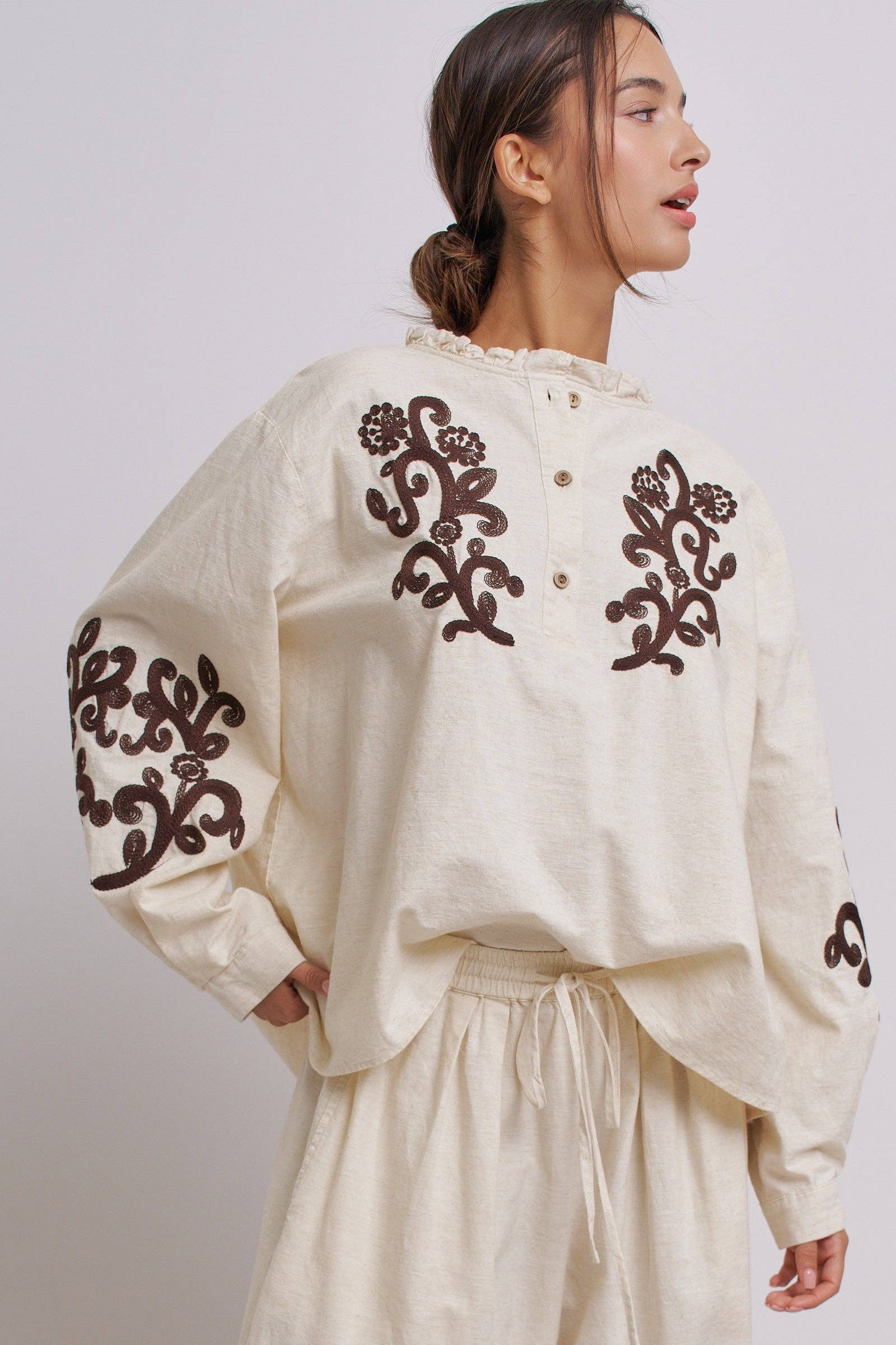 Embroidered Cotton Linen Blouse With Ruffle Collar