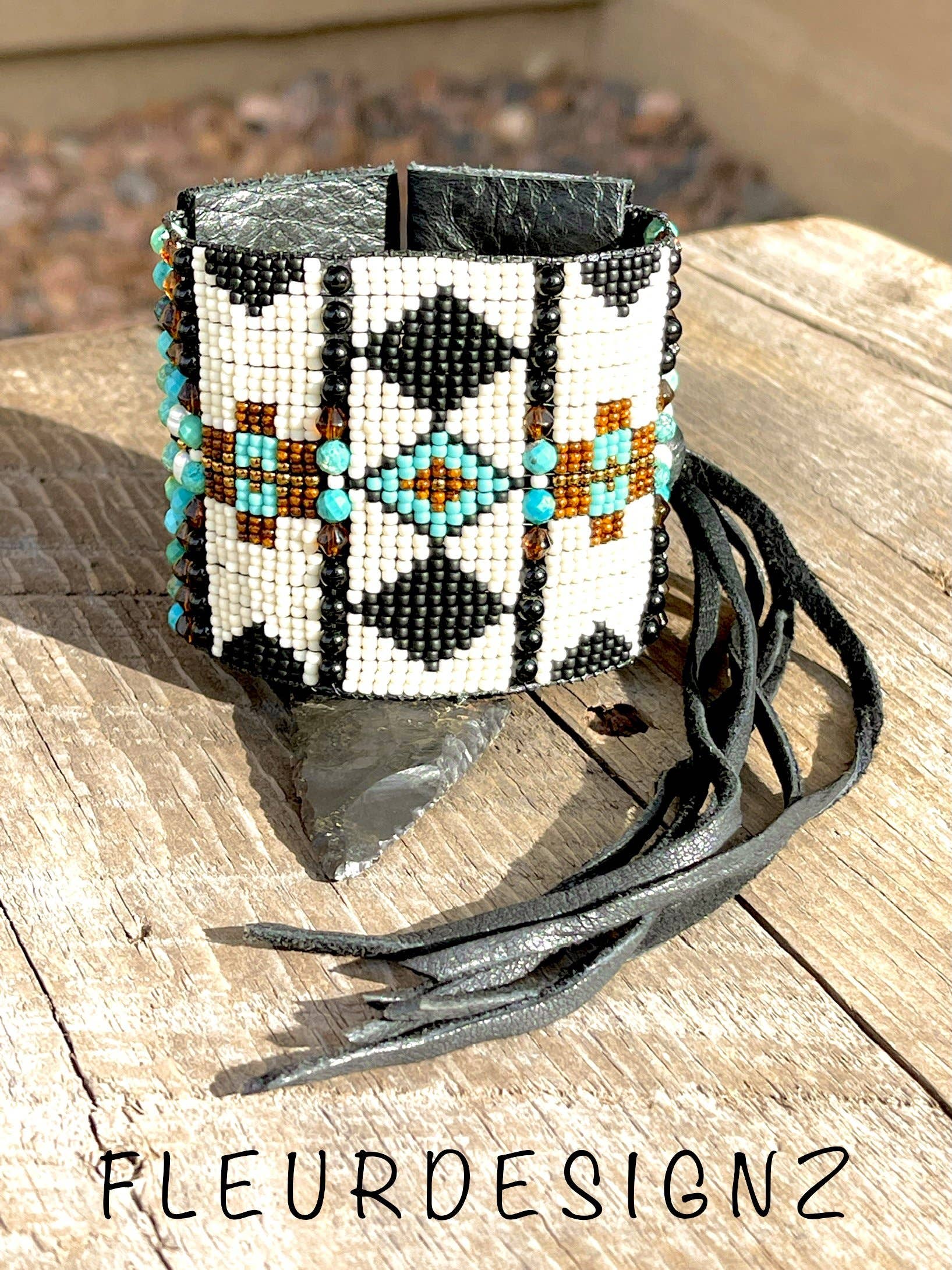 Western Leather Loom Gemstone Cuff Bracelet