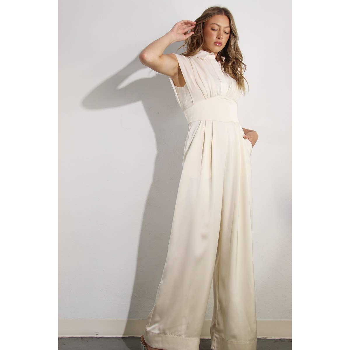 PLEATED TOP SATIN JUMPSUIT
