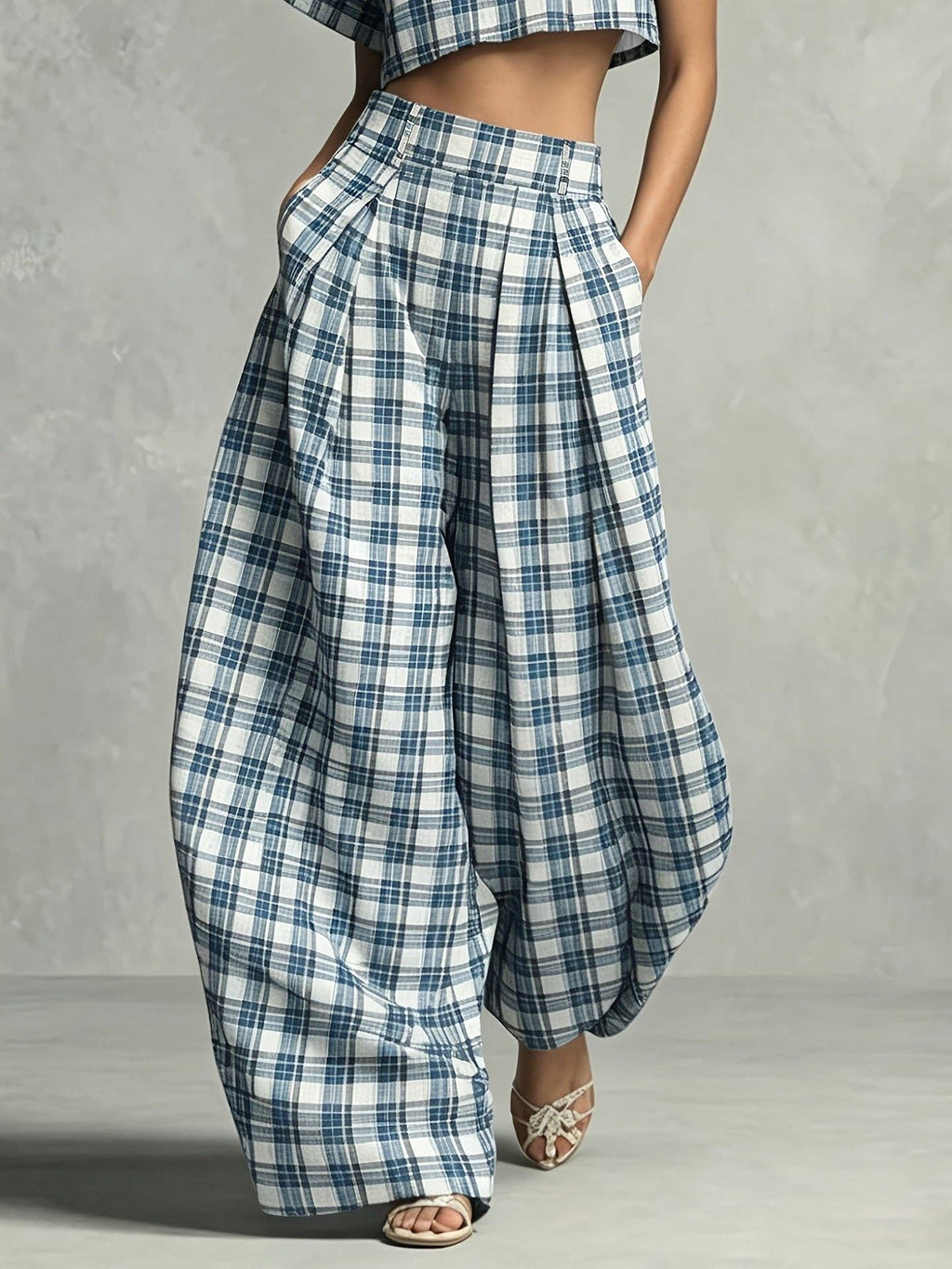 Check High Neck Crop Top and Wide Leg Pants Set  N6D105