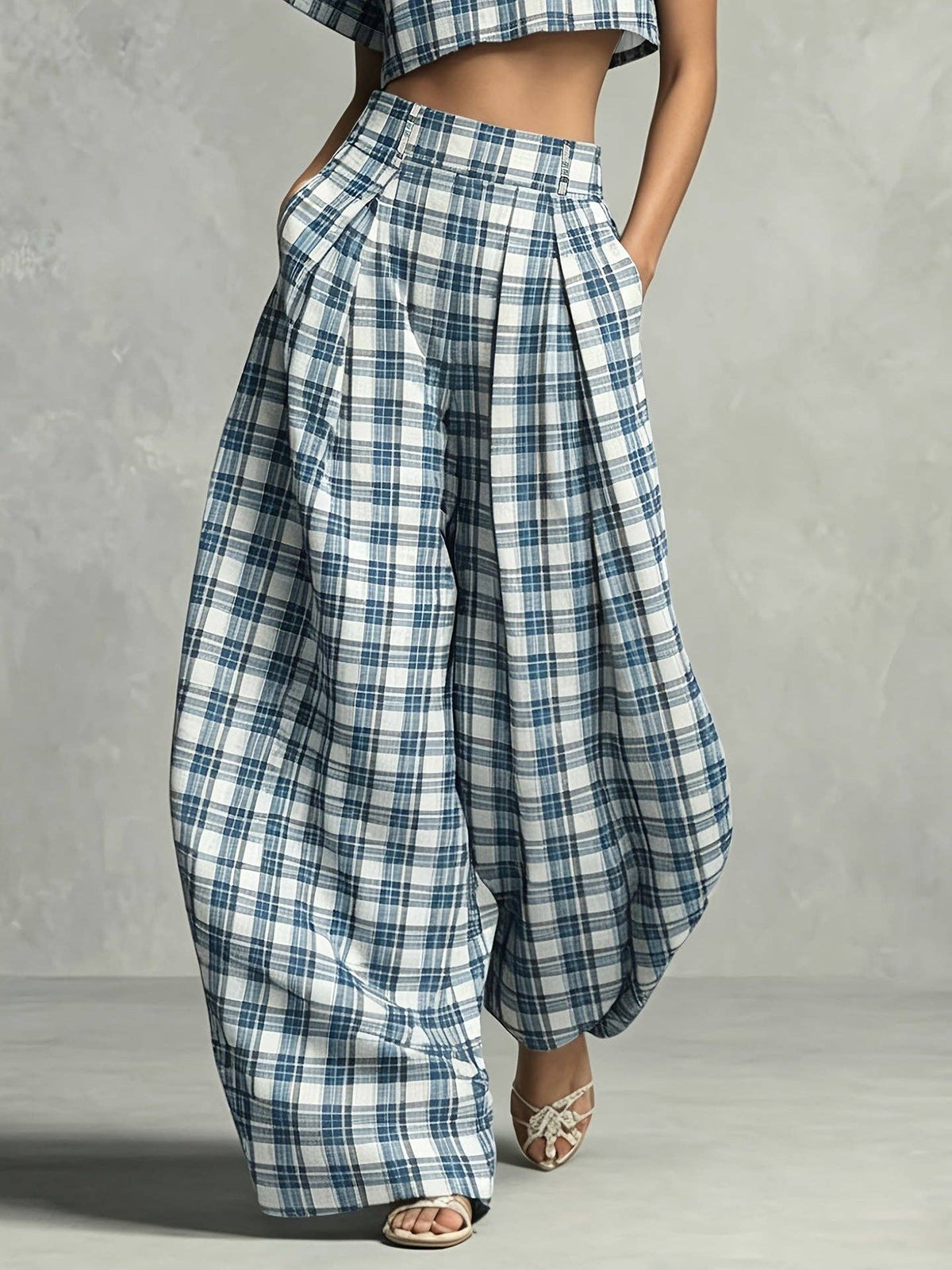 Check High Neck Crop Top and Wide Leg Pants Set  N6D105