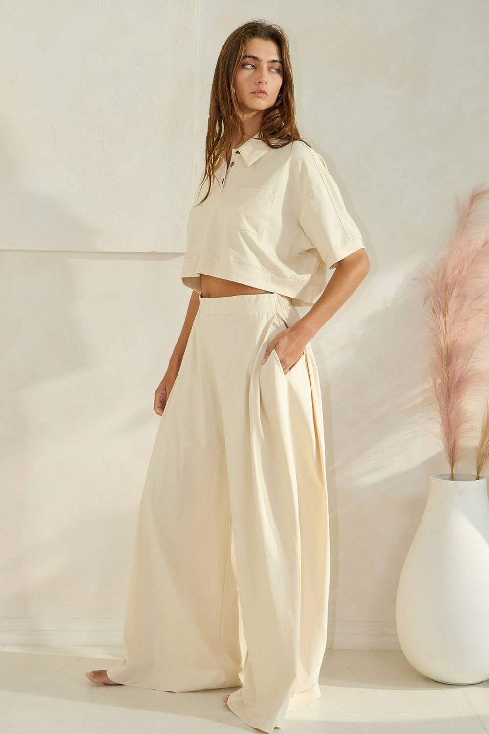 Collared Top and Pleated Wide Leg Pants
