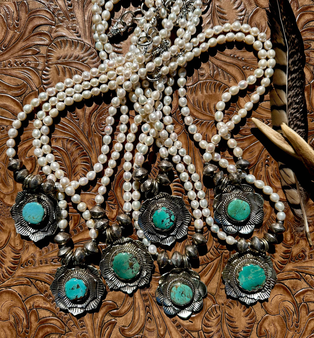 Turquoise and Pearl Blossom Necklace