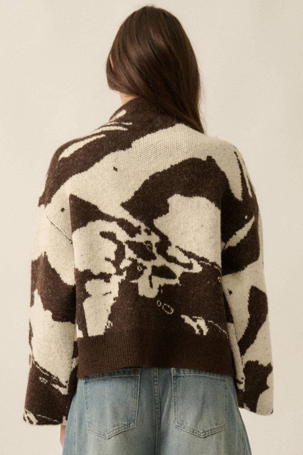 Abstract Jacquard-Knit High-Collar Offset Sweater Jacket