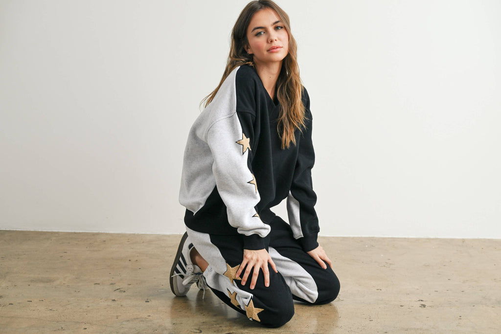 Long Sleeve Round Neck Sweatshirt with Star Detail