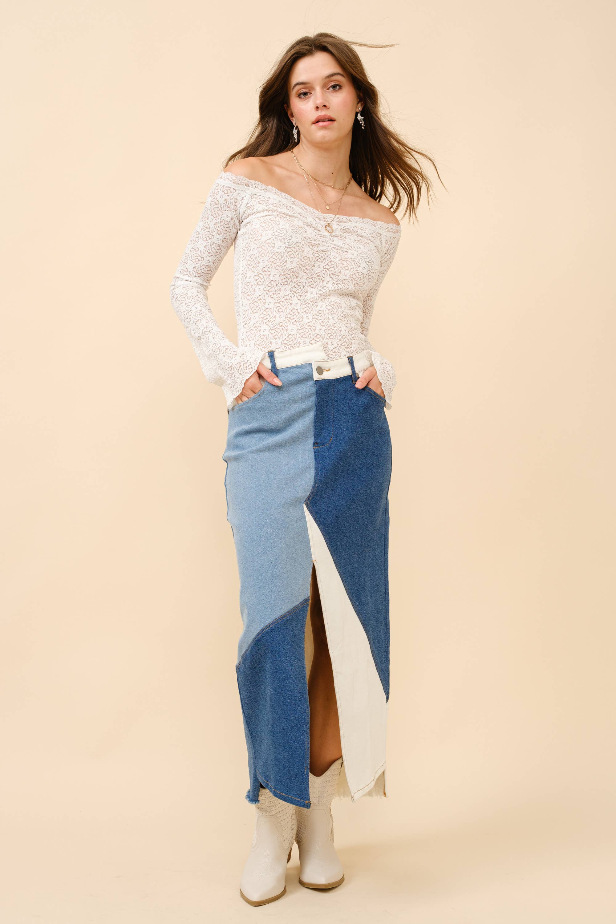 Uneven Patchwork Denim Maxi Skirt