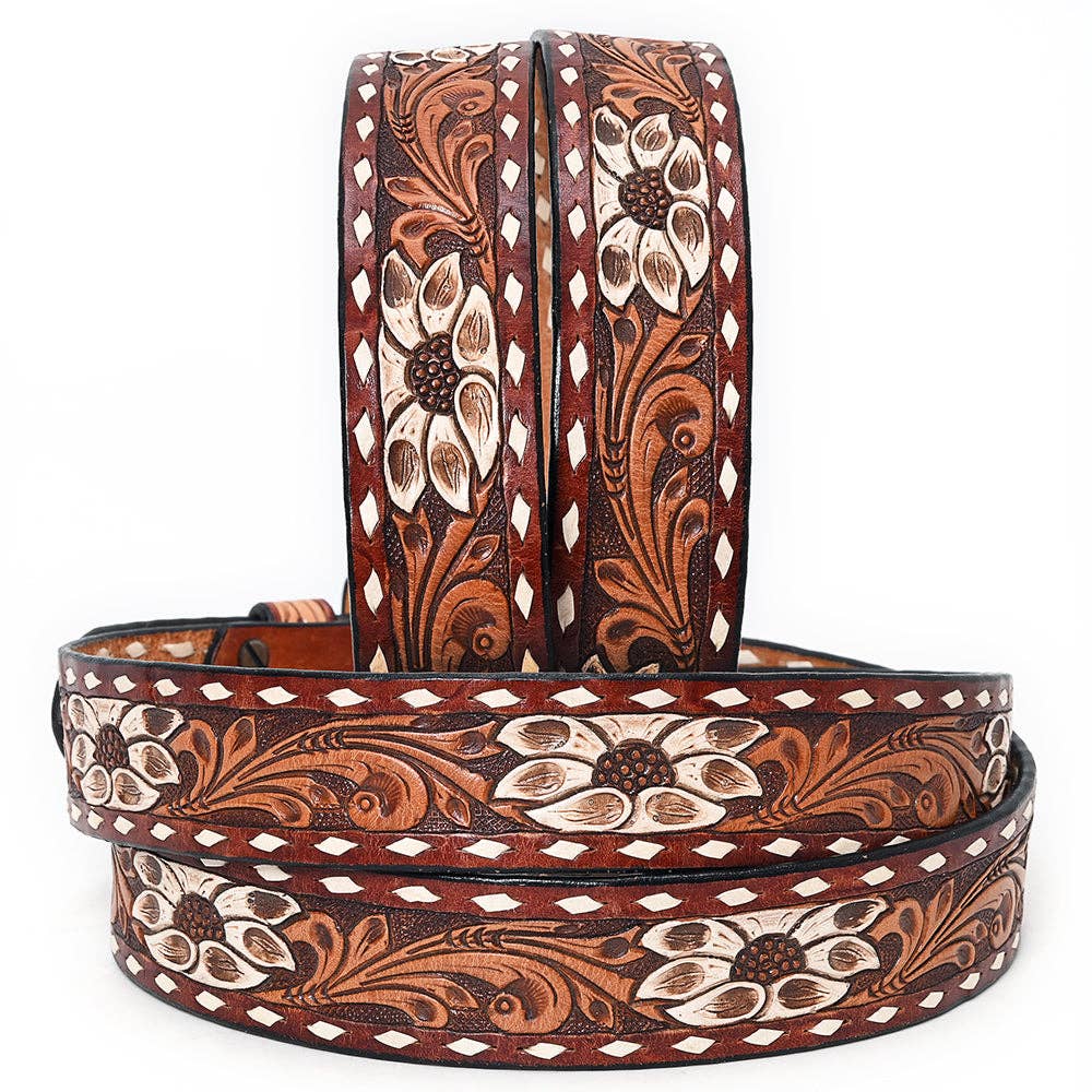 Handtooled Leather Belt - White Floral Inlay