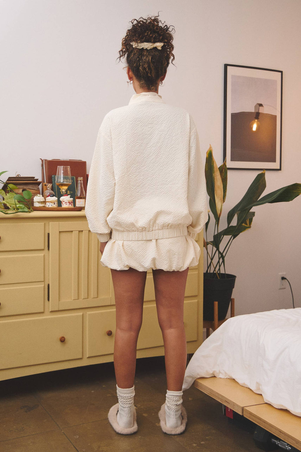 Light textured zip-up jacket w/ bubble skort set