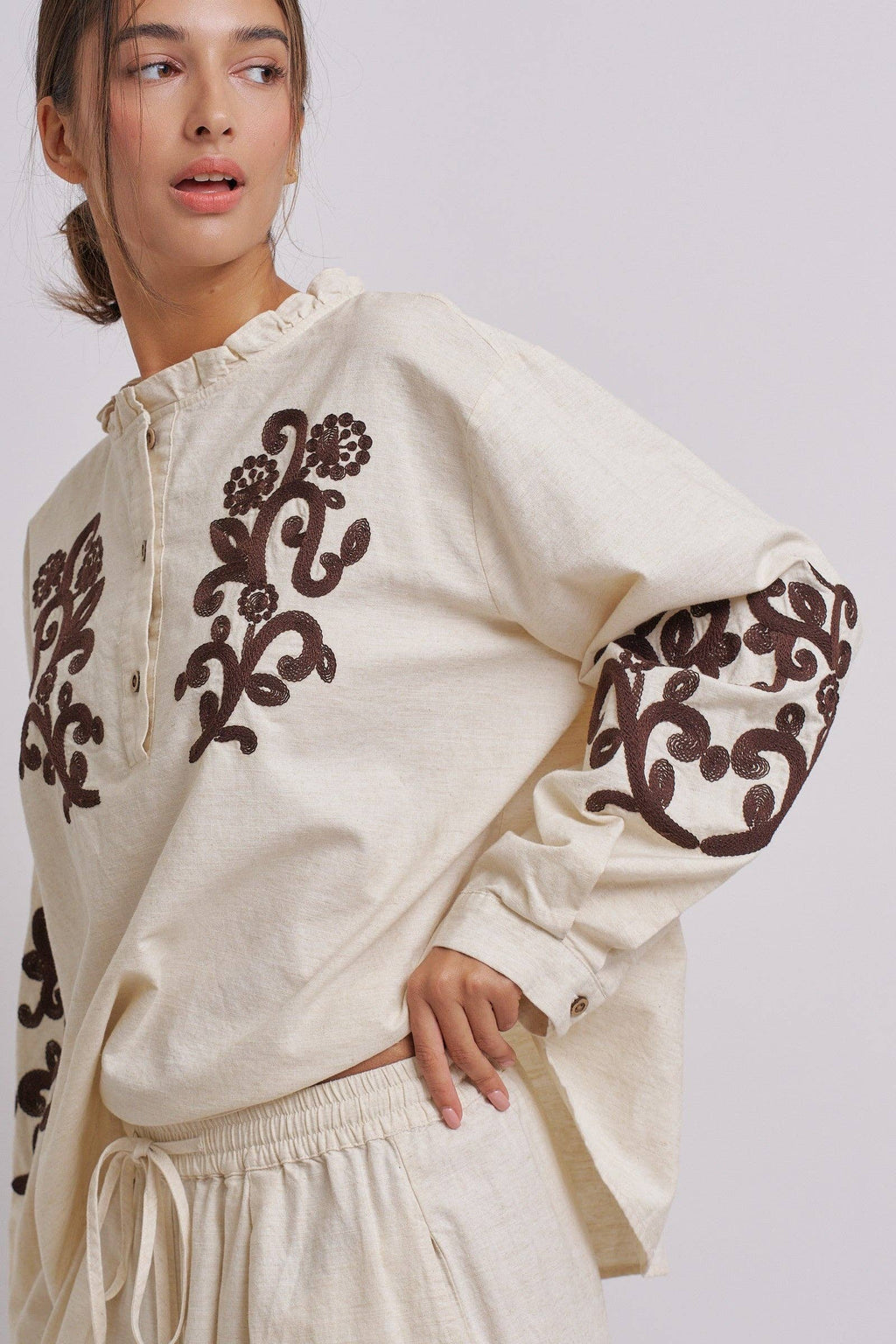 Embroidered Cotton Linen Blouse With Ruffle Collar
