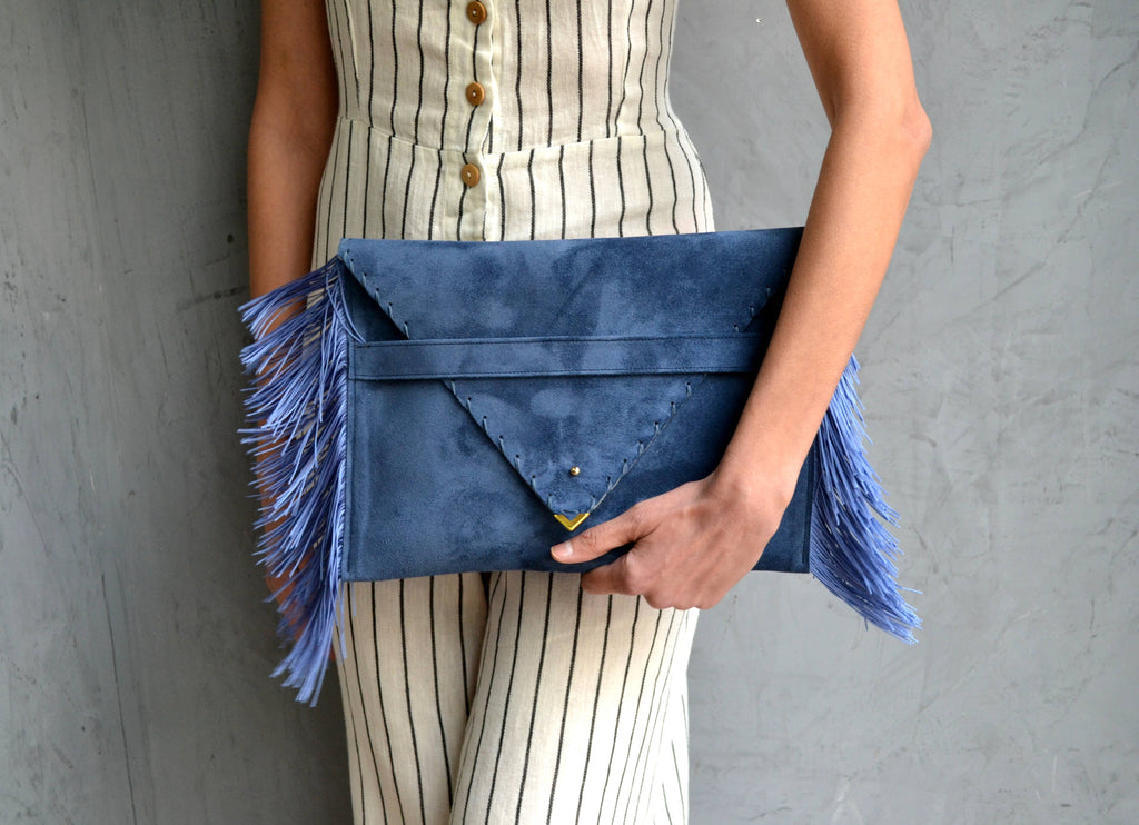 Leather clutch in raf blue with silk fringes