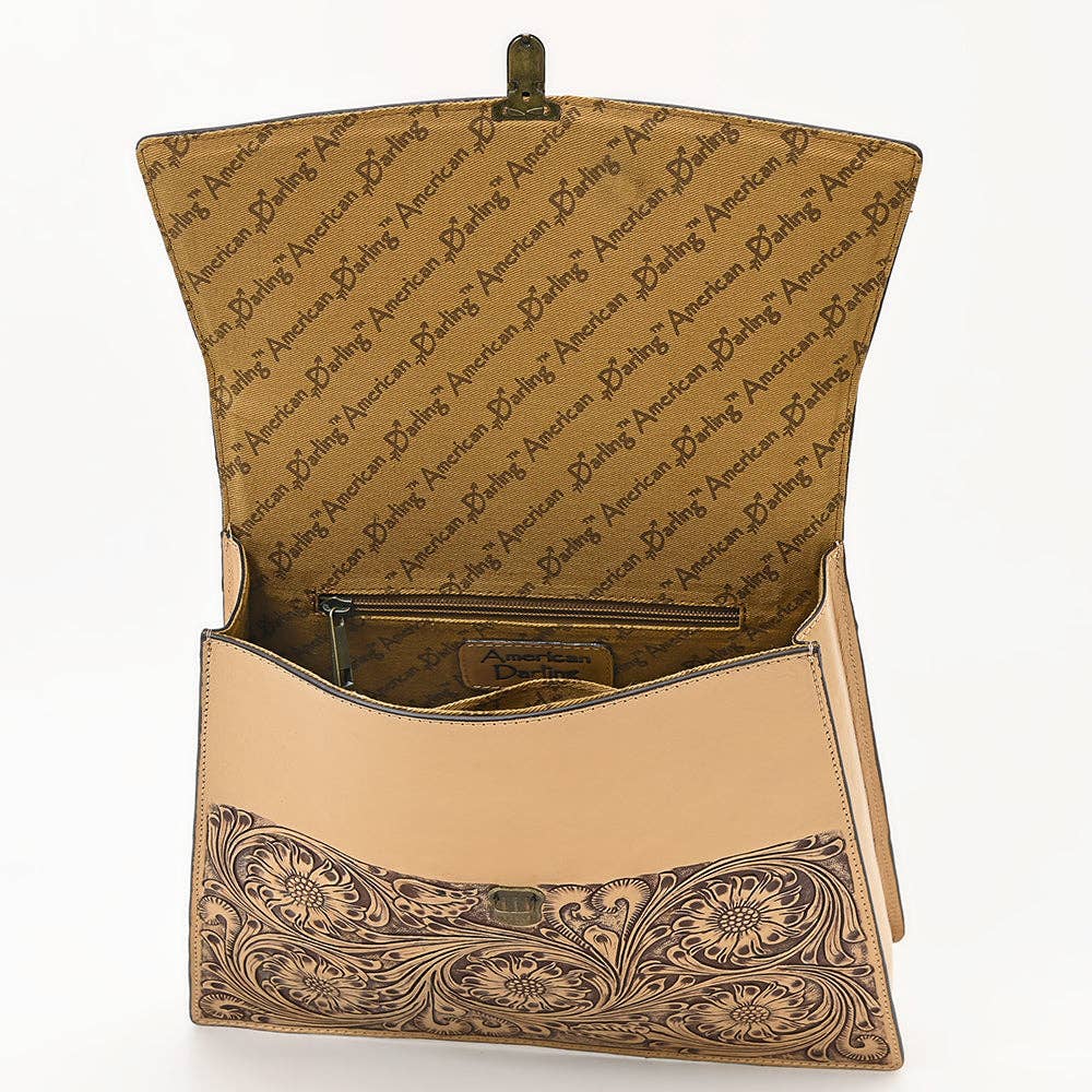 Hand-Tooled Leather Flap Tote Bag