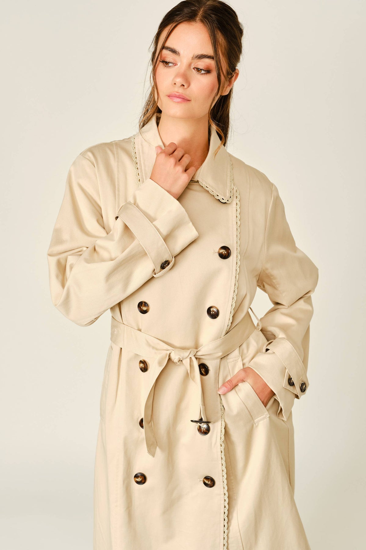 LACE BELTED MIDI TRENCH COAT