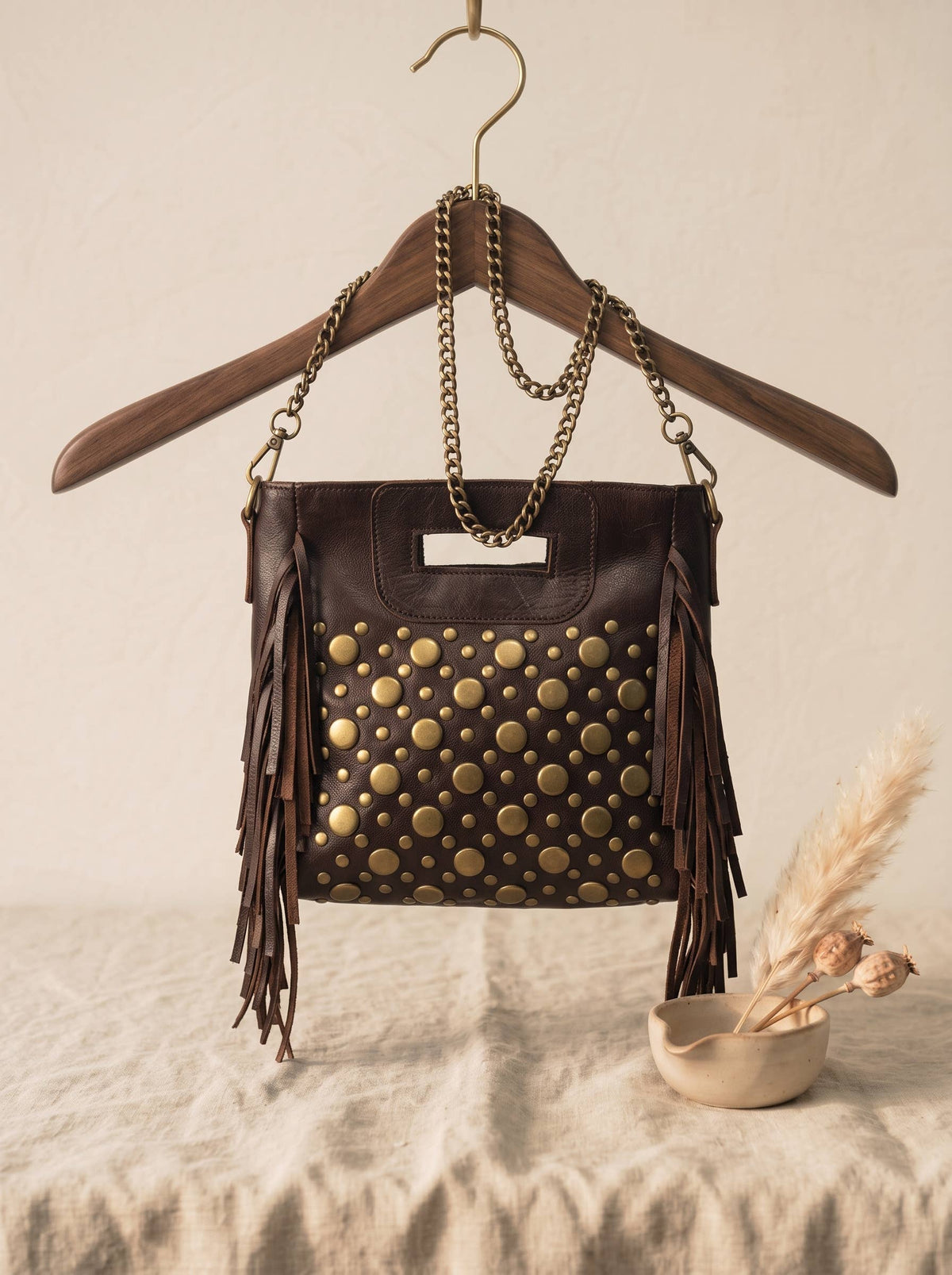 Studded Fringe, Genuine Leather Dark Brown