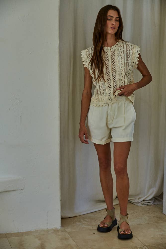 Woven Cotton Lace Button-down Sleeveless Top