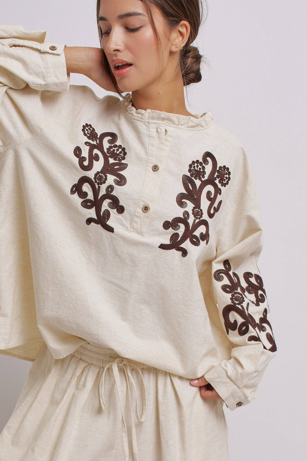 Embroidered Cotton Linen Blouse With Ruffle Collar
