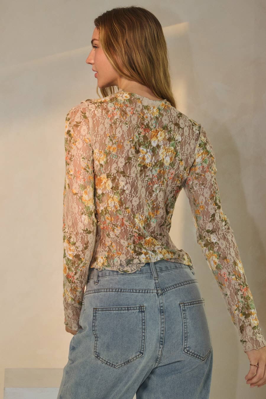 Floral Printed Lace Mock Neck Top