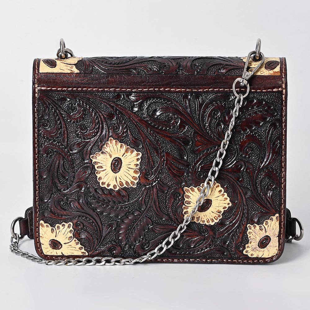 Hand-Tooled Leather Messenger Bag with Floral Design & Chain Strap