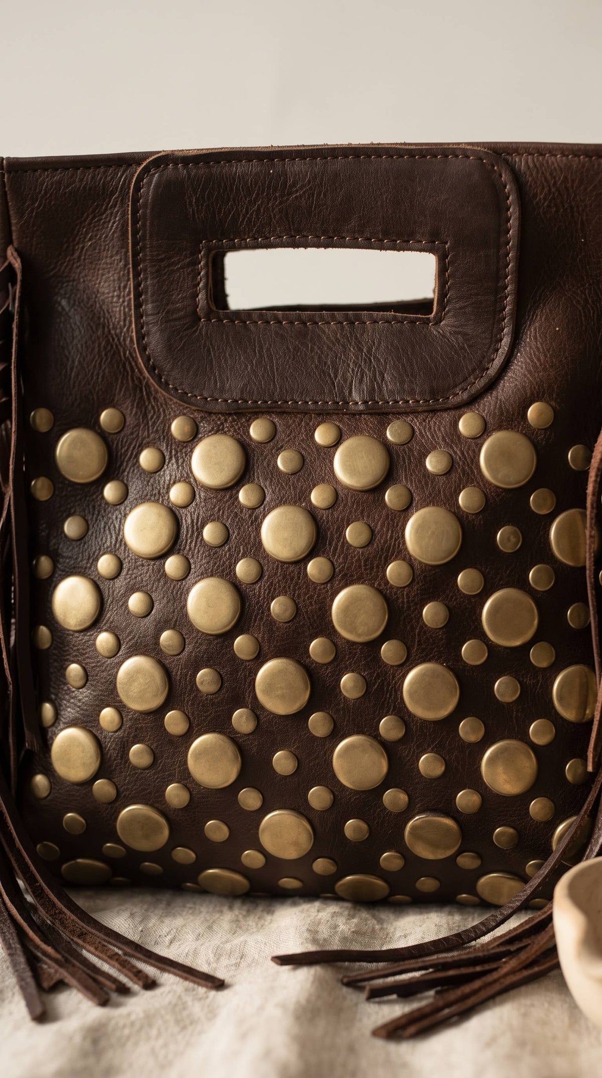 Studded Fringe, Genuine Leather Dark Brown