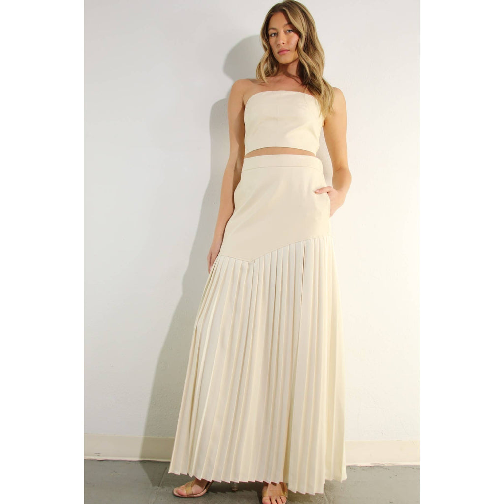 FAUX LEATHER TOP AND PLEATED SLIT SKIRT SET
