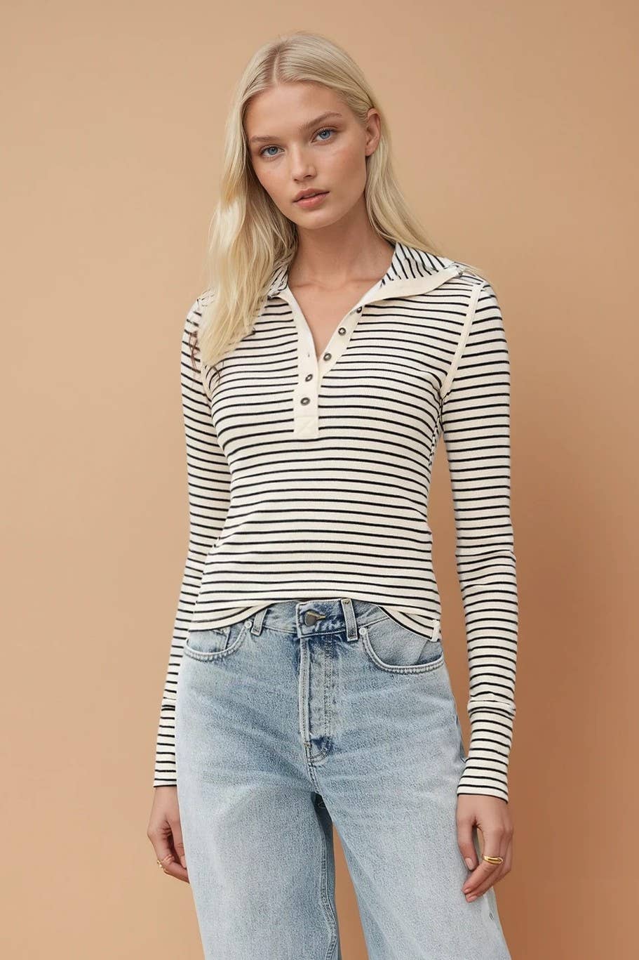 LONG SLEEVE STRIPED KNIT HENLEY TOP W1583TIA
