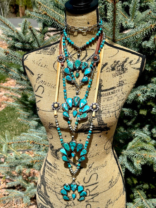 Adjustable Squash Blossom Necklace, Natural Blue Turquoise