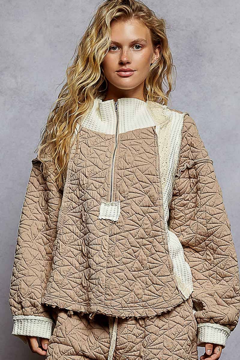 Long sleeve solid stitch edge quilted woven hoodie top