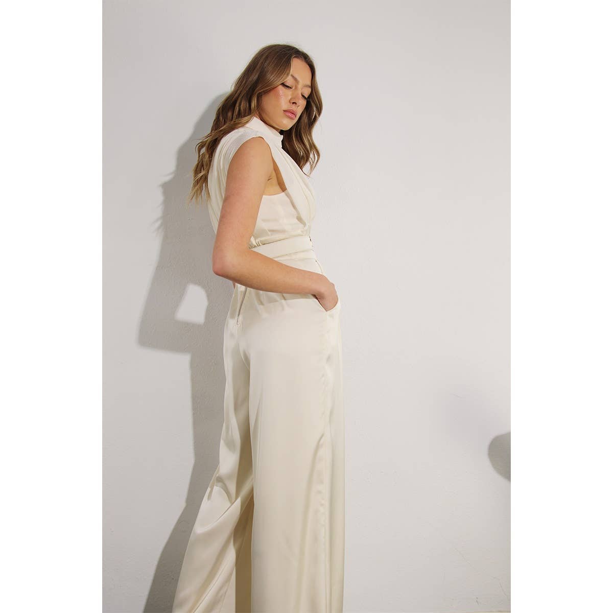 PLEATED TOP SATIN JUMPSUIT