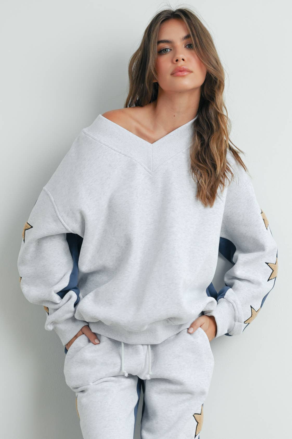 Long Sleeve Round Neck Sweatshirt with Star Detail