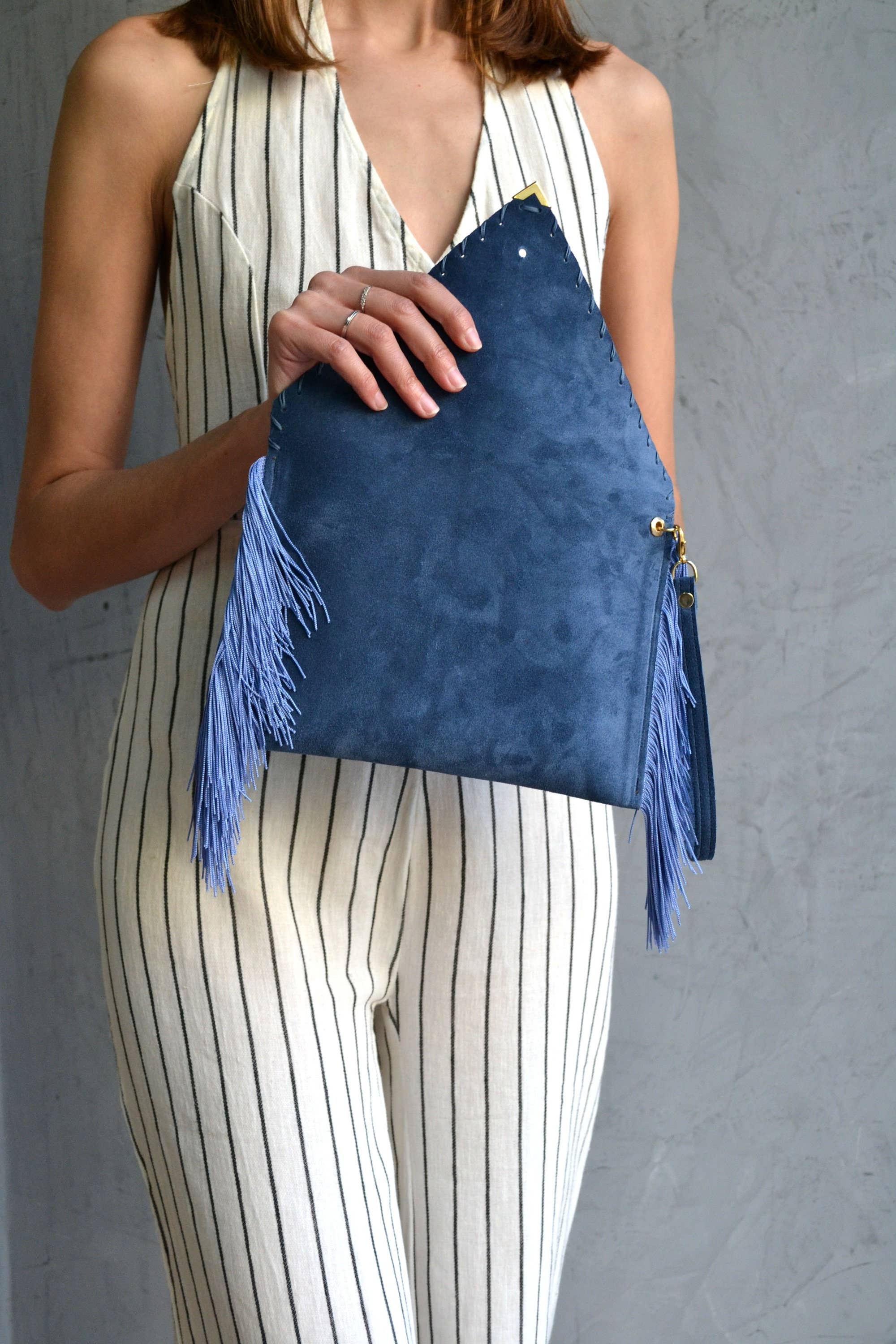Leather clutch in raf blue with silk fringes
