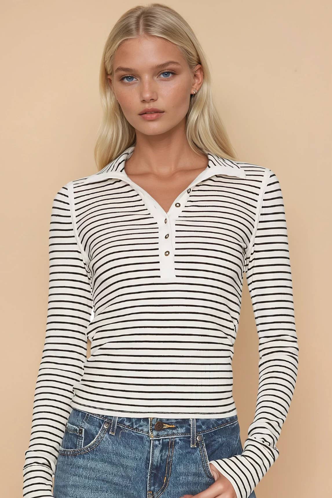 LONG SLEEVE STRIPED KNIT HENLEY TOP W1583TIA