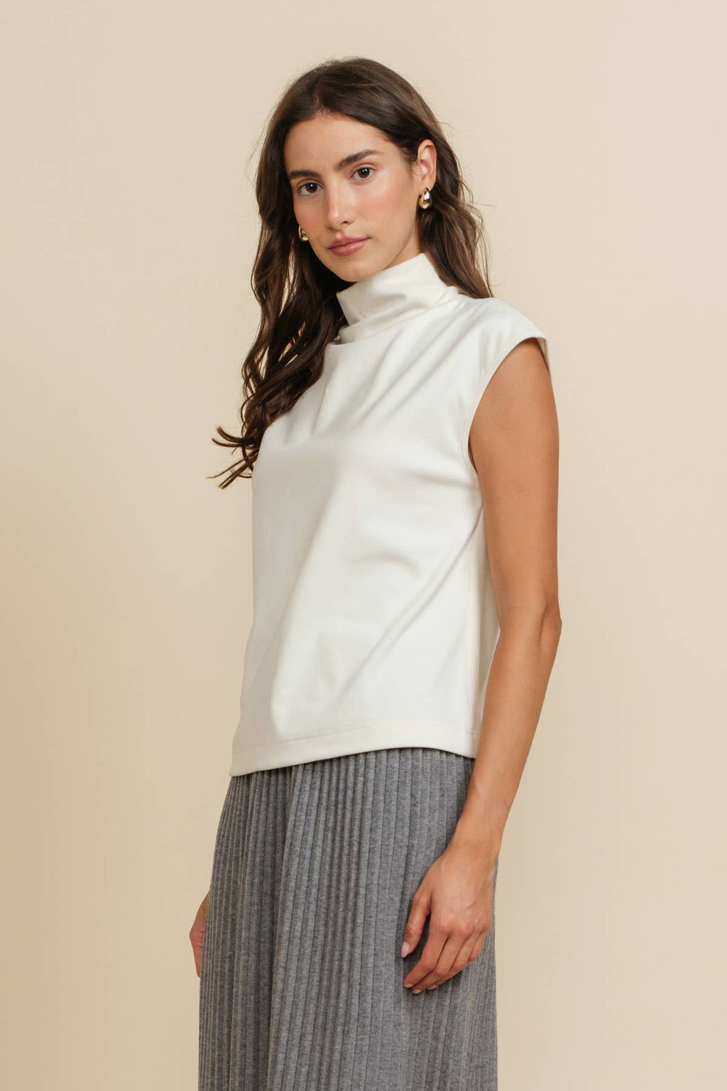 Soft Touch Brushed Knit Mock Neck Sleeveless Top