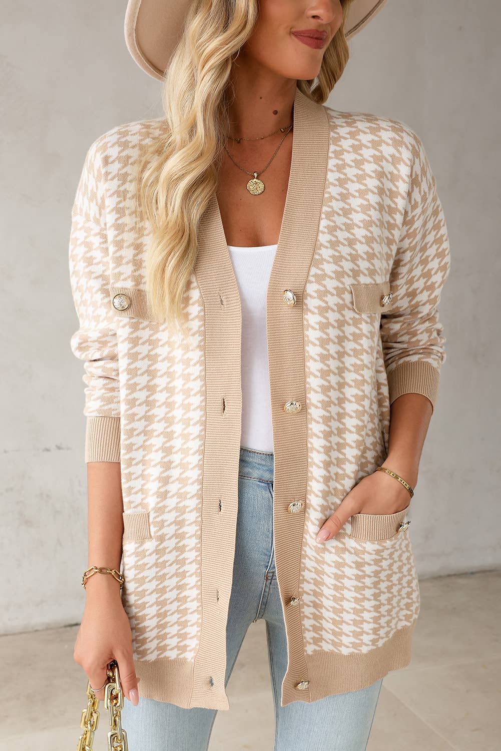 Contrast Edge Metal Button Cardigan
