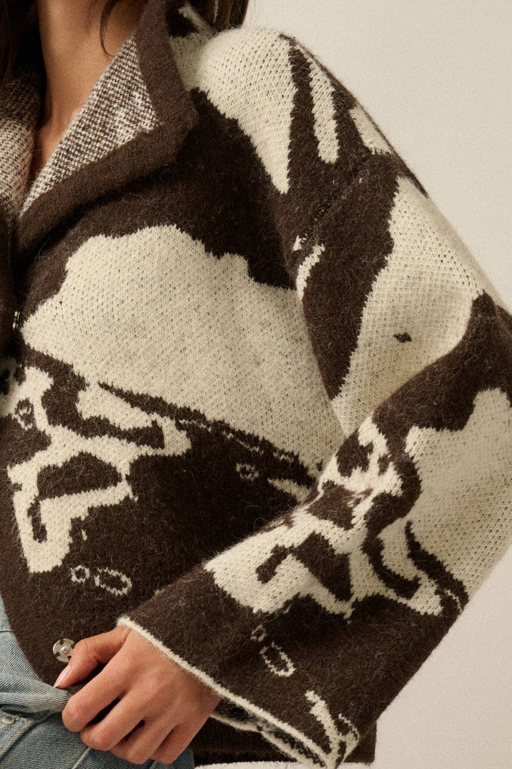 Abstract Jacquard-Knit High-Collar Offset Sweater Jacket