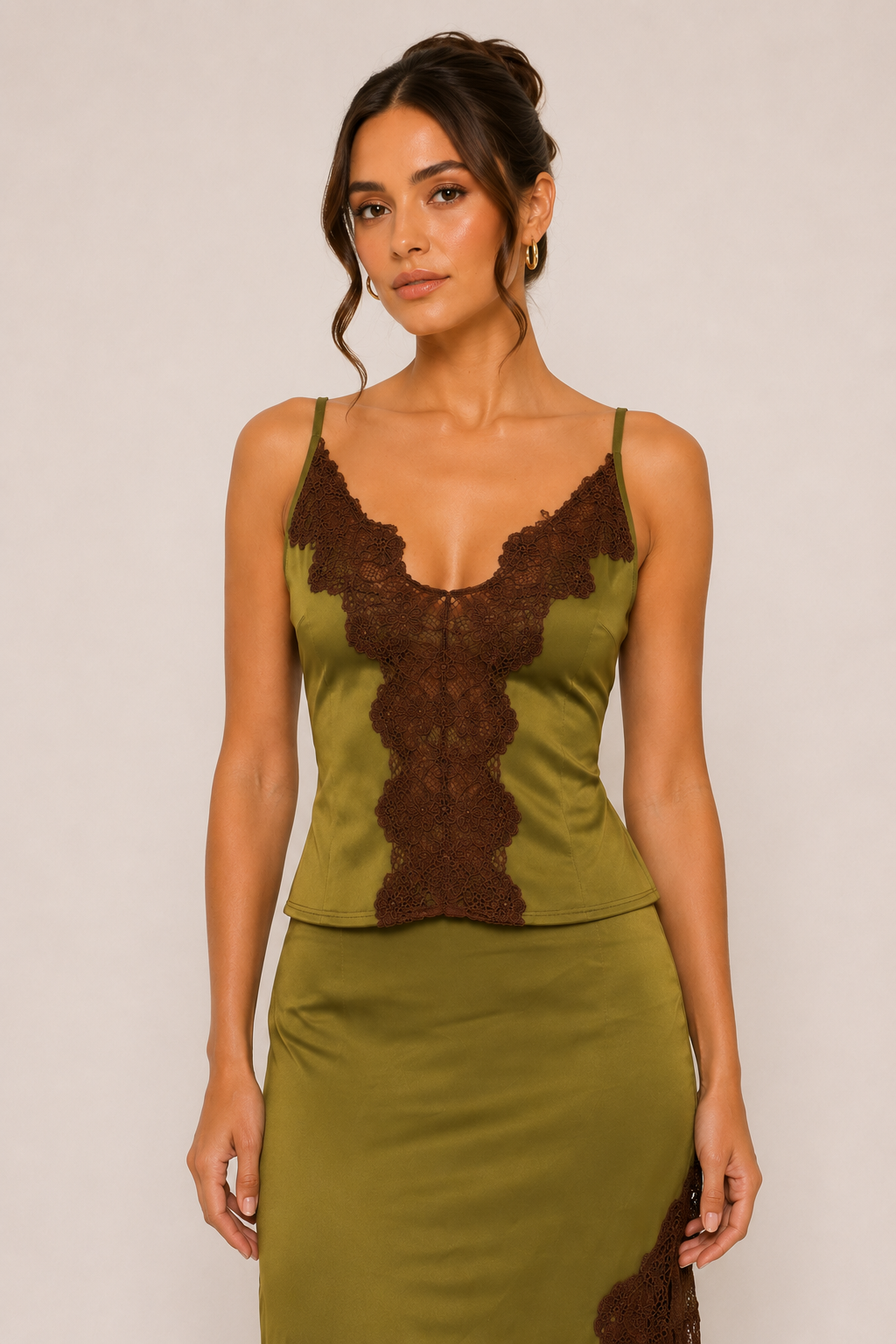 OLIVE LACE TRIM SATIN TOP - TI7512FO
