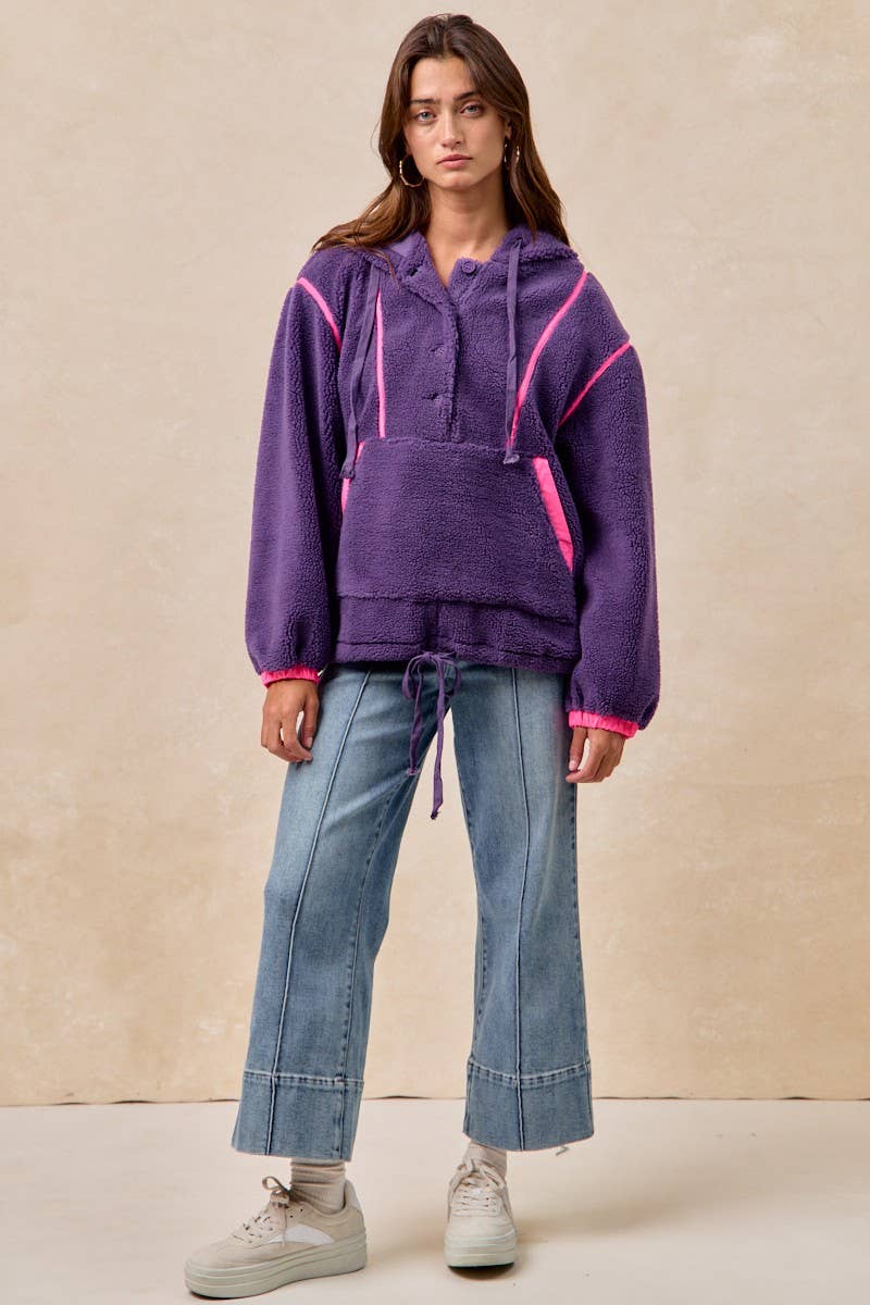 Sherpa Buttoned Hoodie Top With Contrast Binding