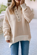Ribbed Detail Henley Button Drop Shoulder Sweater
