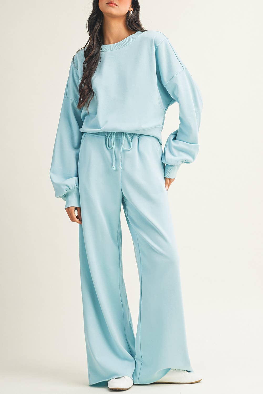 Drop Shoulder Pullover Drawstring Wide Leg Pants Set