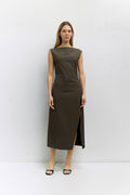 The Sonya Dress | Boat Neck Midi Dress with Side Slit