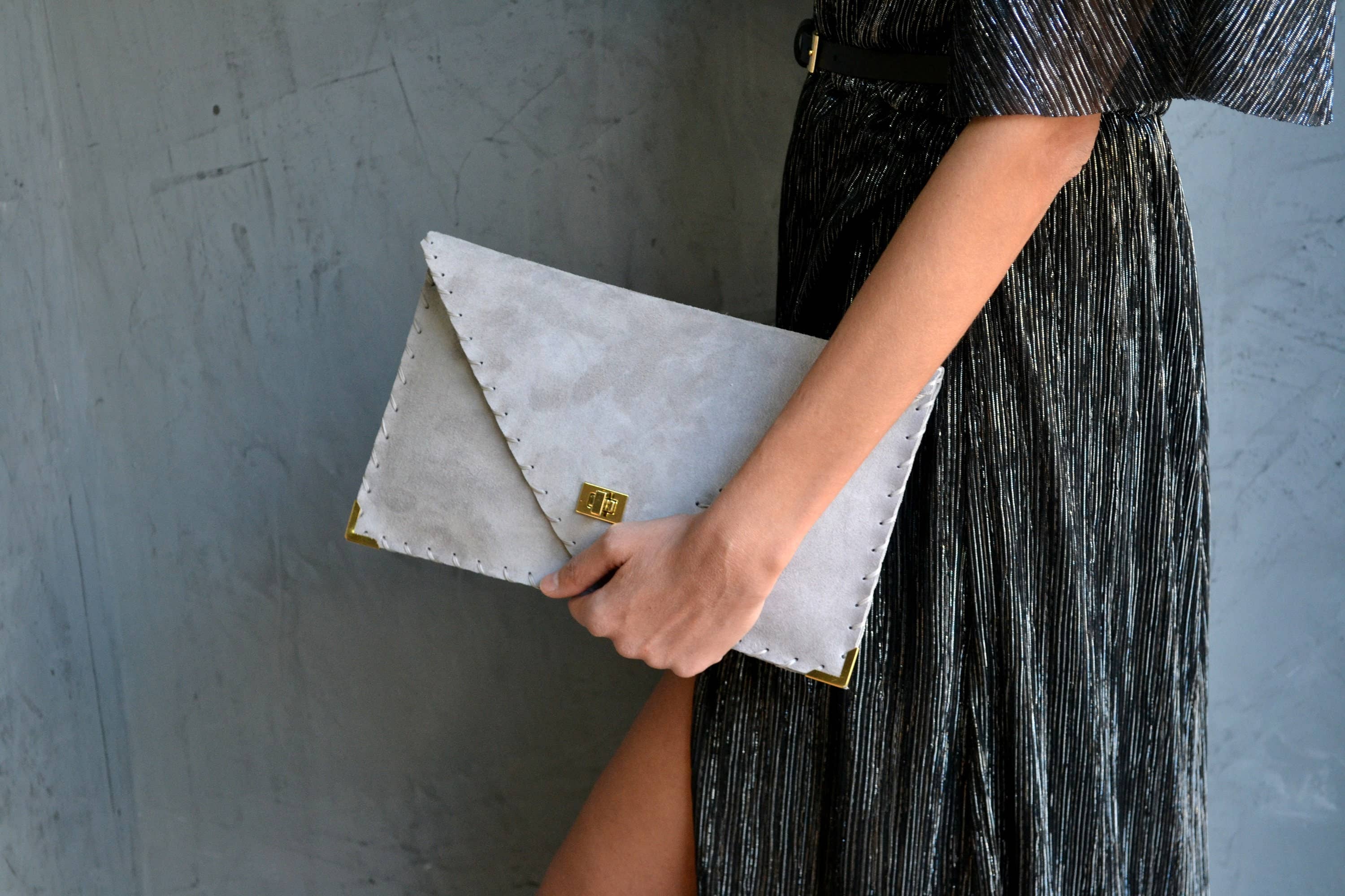 Soft leather clutch in light gray